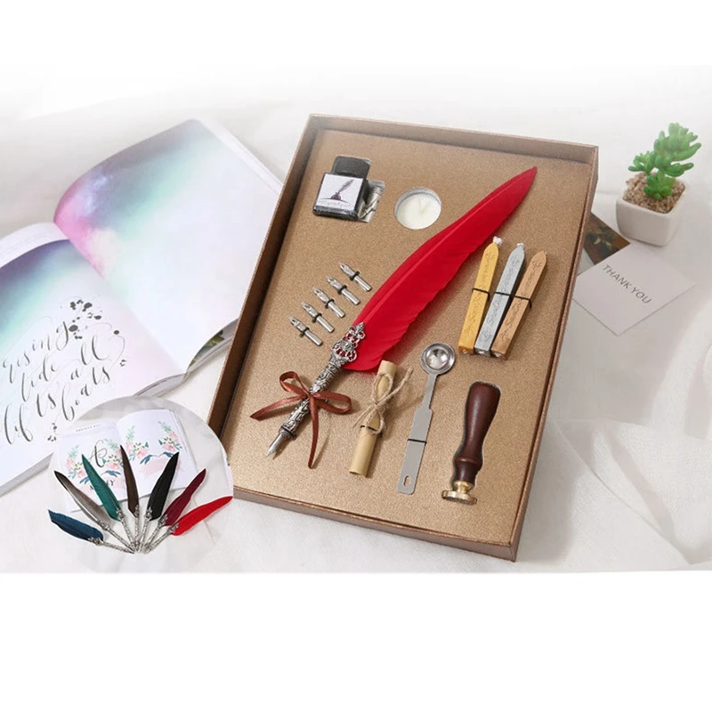ปากกาปากกาชุดหมึก Vintage Feather Dip ปากกาเขียนหมึก Nibs ชุดซีลแสตมป์ Wax Seal Sticks
