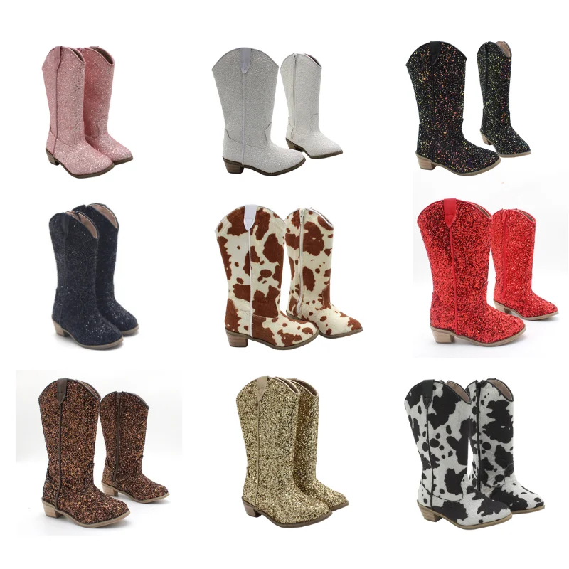 Unishuni – bottes de Cowboy avec fermeture éclair pour fille, chaussures à talons hauts et paillettes scintillantes, à la mode, printemps-automne