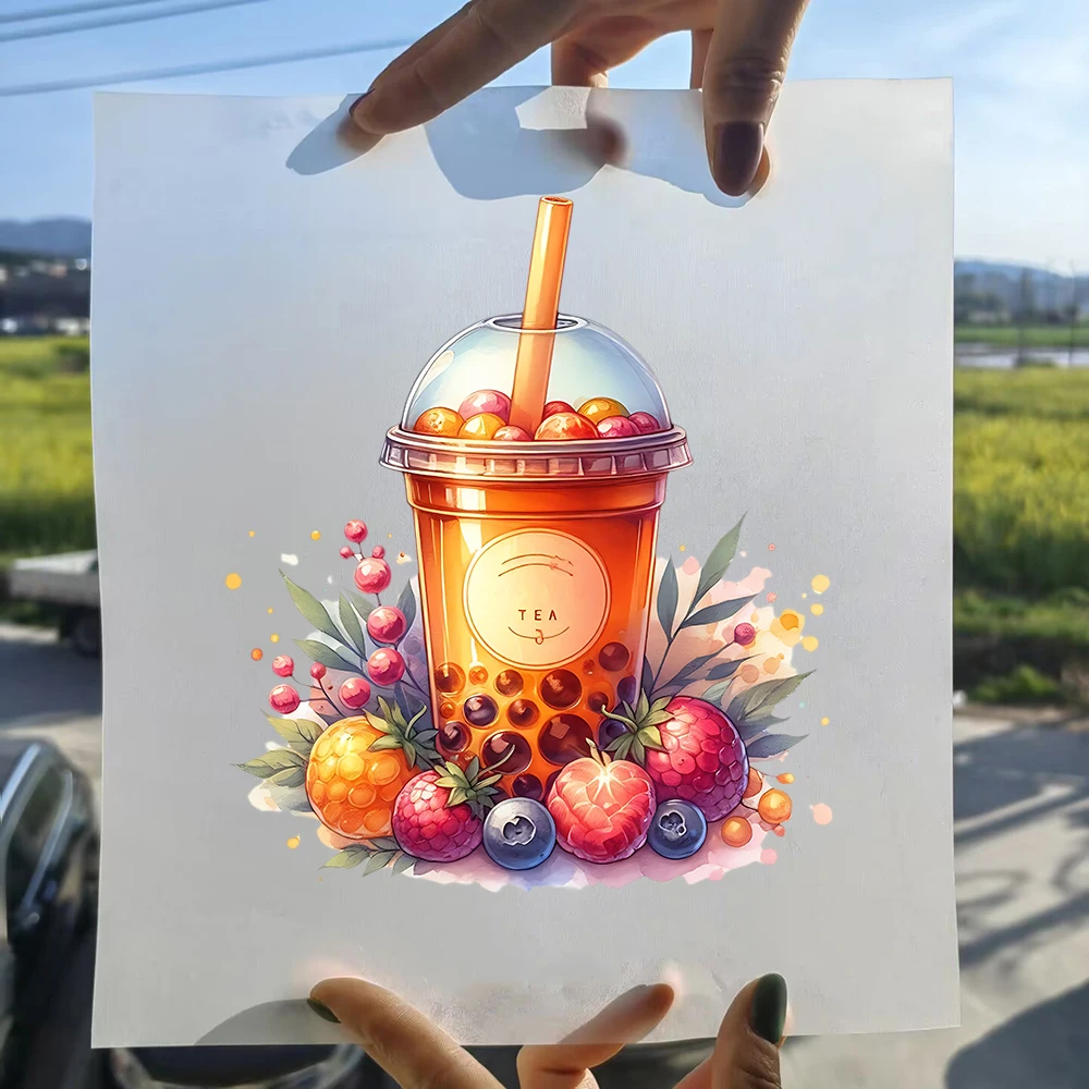 ملصق نقل حراري للملابس ، وردي ، ملون ، لؤلؤ ، حليب ، شاي ، فواكه ، عصير ، مكواة ، حرارية ، قابلة للغسل ، فينيل ، شارات ، تيشيرت ، 15 ~