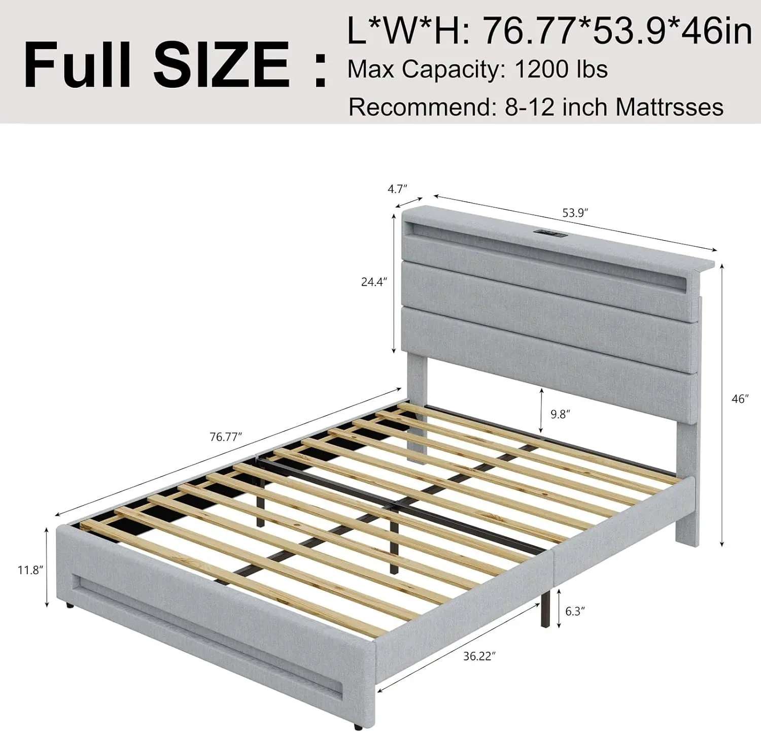 Full Bed Frame w/Charging Station,Upholstered Platform Bed w/ Headboard and LED Light, No Box Spring Needed, Easy Assembly, Grey