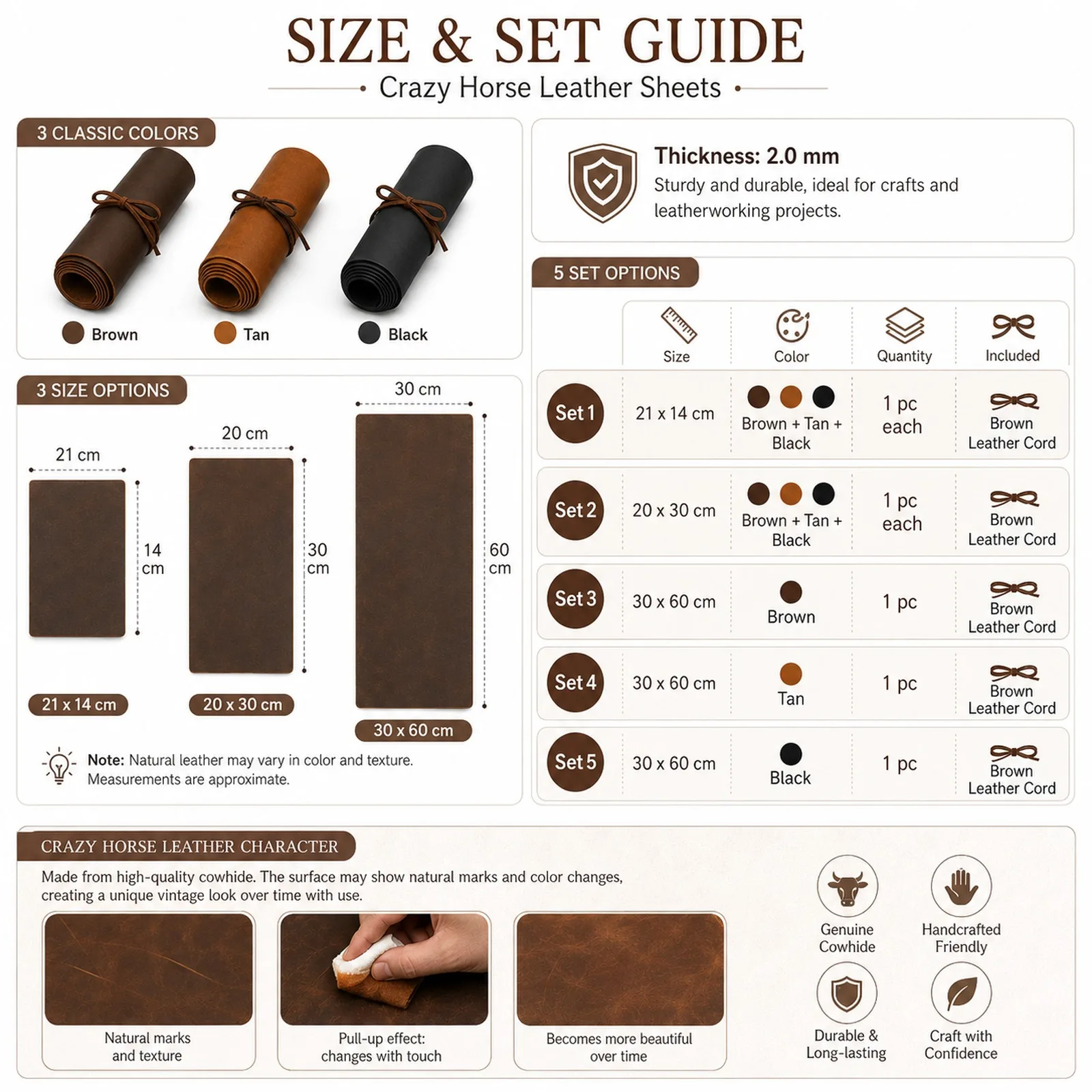 Paquete de 3/1 Unidades de Láminas de Cuero Genuino de Vaca Crazy Horse de 2.0mm, Cuero Encerado con Efecto Pull-Up para Carteras, Bolsos, Fundas y Proyectos de Costura Manual DIY