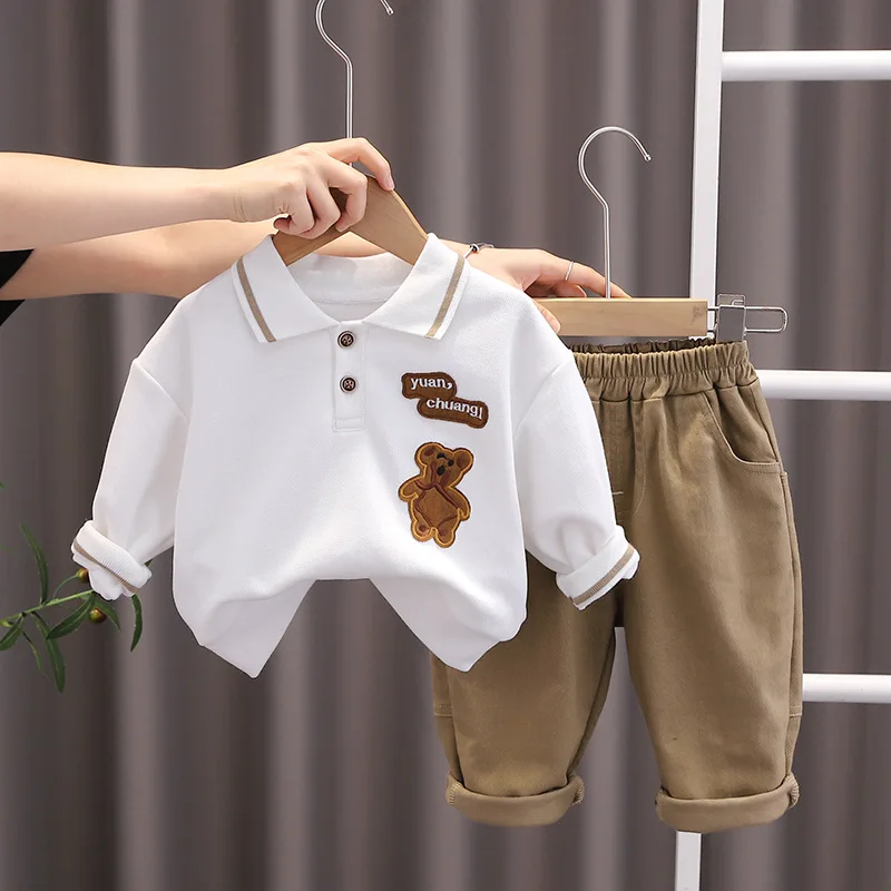 Autumn Children\'s Clothes Boys Suit Lapel Long Sleeve Cartoon T-Shirt + Casual Pants 2 Pieces Baby Set