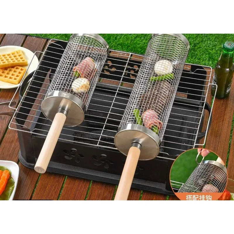 

Stainless Steel Rolling BBQ Grill Cage Portable Rotatable Barbecue Mesh Upgraded Roast Basket For Outdoor Camping Picnic