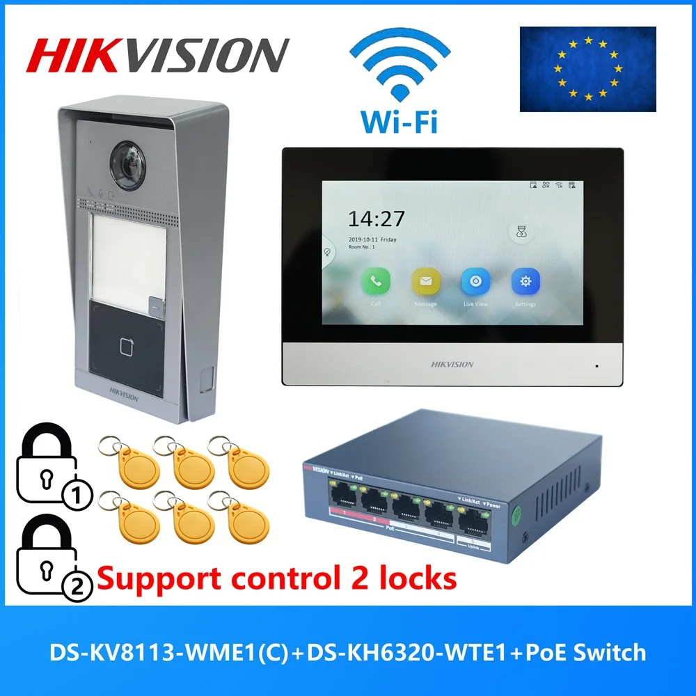 HIKVISION Original Multi-language 802.3af POE Video intercom KIT,include DS-KV8113-WME1(C) & DS-KH6320-WTE1 & PoE Switch