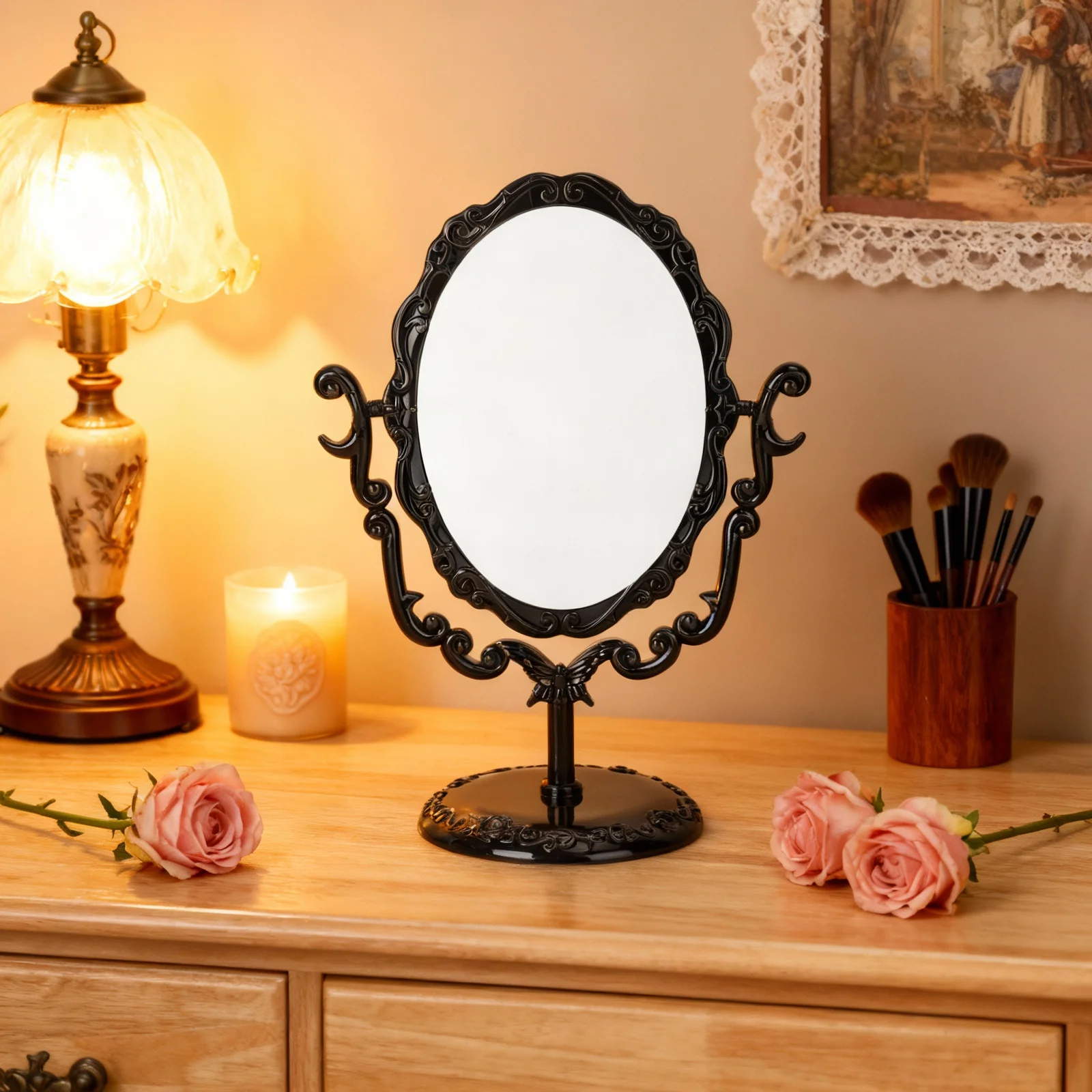 Espejo de escritorio gótico vintage giratorio, marco negro con espejo ajustable de rosa para mesa de maquillaje
