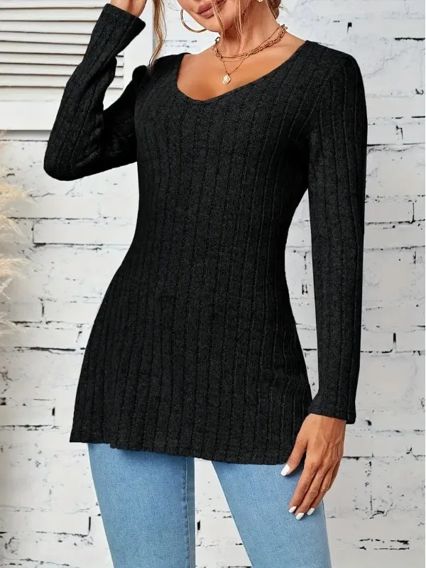 

Fashionable Slim Fit Striped T-Shirt Women's Spring Autumn New Style V-Neck Long Sleeve Soft Polyester Casual Top