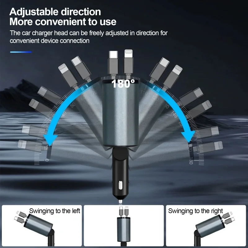 Cargador de coche 4 en 1 de 120W, adaptador de encendedor de cigarrillos retráctil para coche, Cable de cargador rápido USB tipo C para IPhone, Xiaomi, Huawei y Samsung