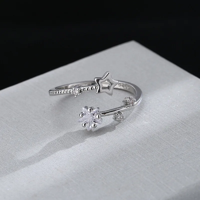 CIAXY Silver Color Hollow Five-pointed Star Rings for Women Flower Vine Adjustable Ring Inlaid Zircon Wedding Jewelry