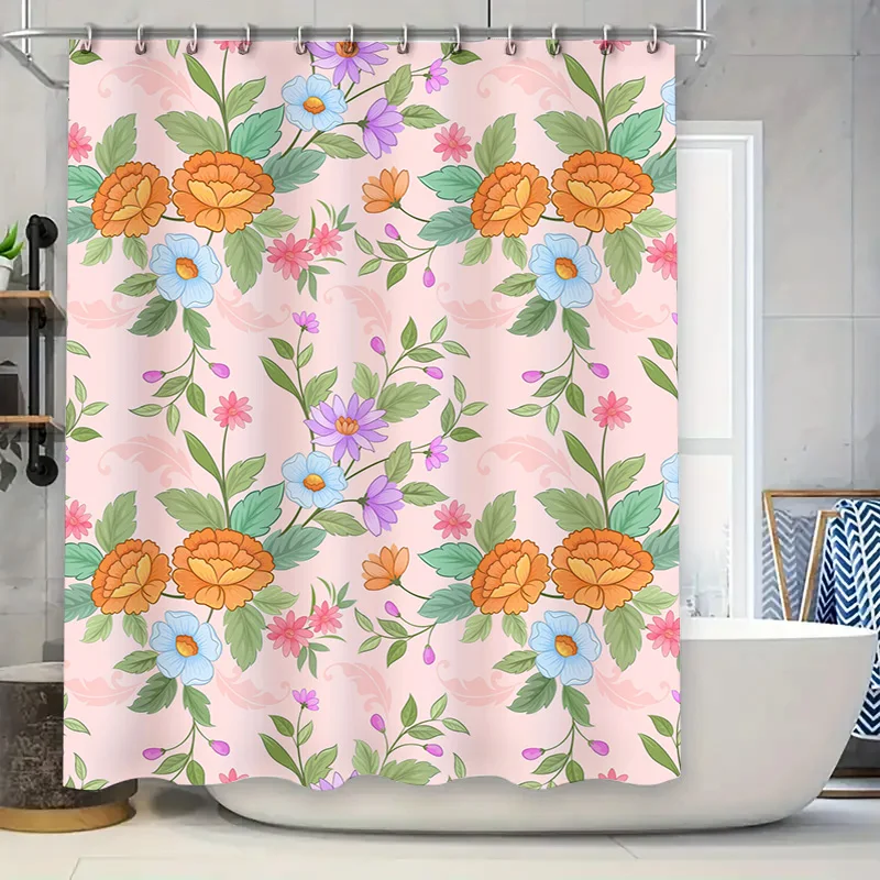 

Vibrant Floral Shower CurtainPink Bath Mat Decor with Orange Flowers Blue Blossoms Perfect for a Bright Bathroom Update!