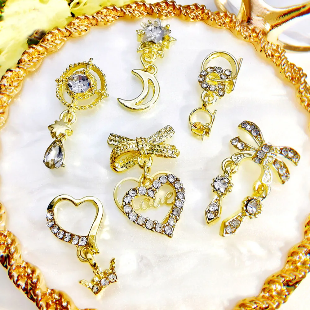 3D Nail Art Charms Heart Bowknot Star Moon Rhinestone Decorations Alloy 10Pcs/Pack Tassel Jewelry Gold/Silver Metal Nail Pendant