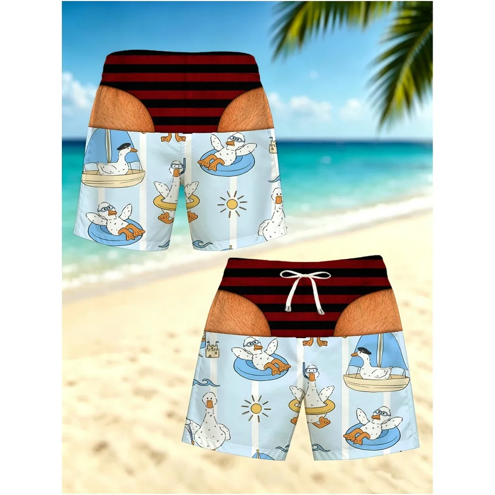 Novelty Fake Two Piece Visual Illusion Swim Shorts Summer Vacation Duck Printed Men Beach Board Shorts with Drawstring