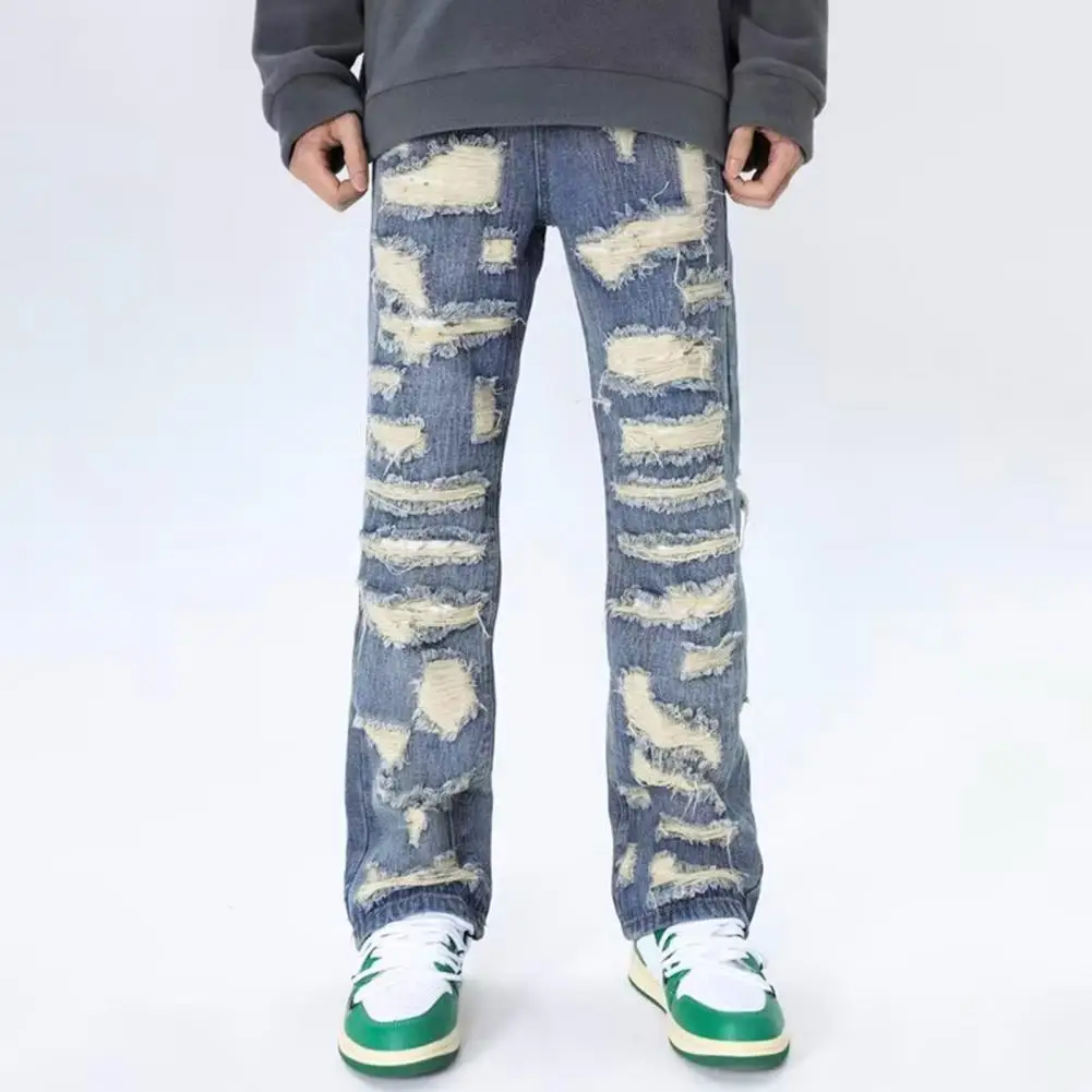 

Men Distressed Vintage Jeans Vintage Distressed Denim Jeans for Men with Pockets High Street Style Straight-leg Trousers Washed