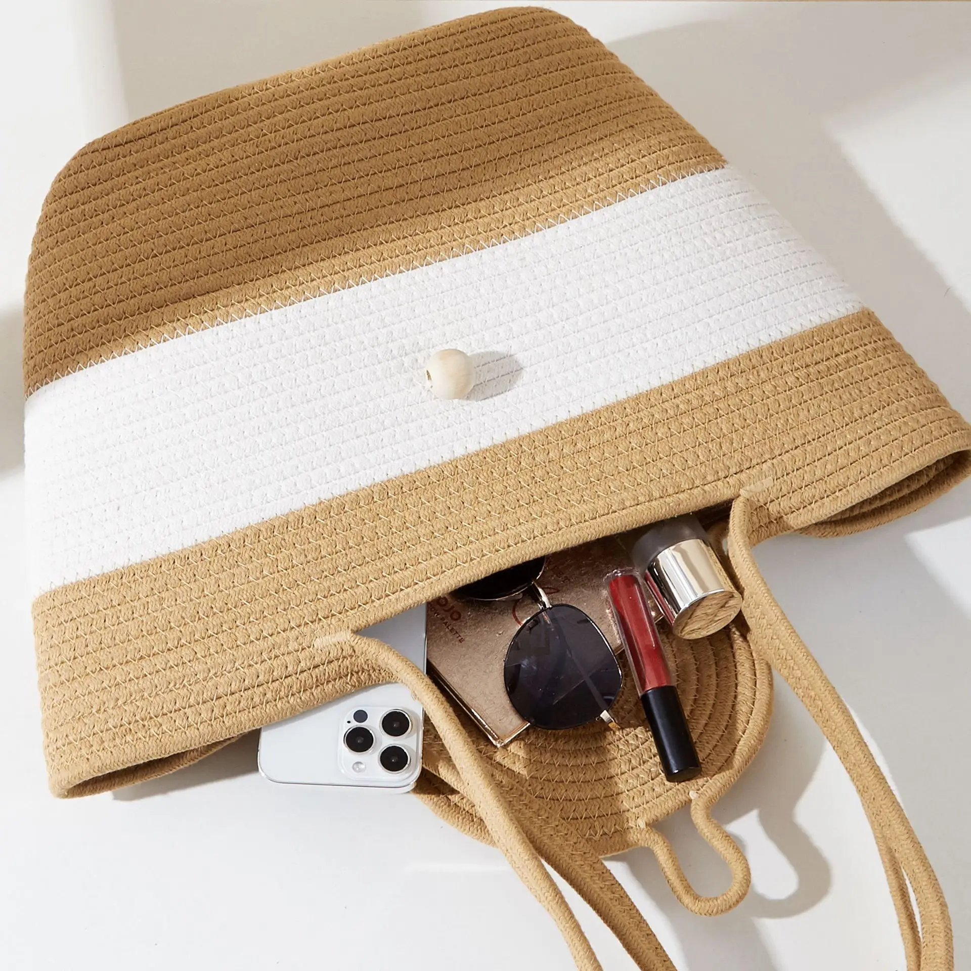 Handmade Woven Cotton Rope Handbag Larger Capacity Soft Tote Bag Travel Vacation Gentle Style Striped Weave Bag Women Craft Bags