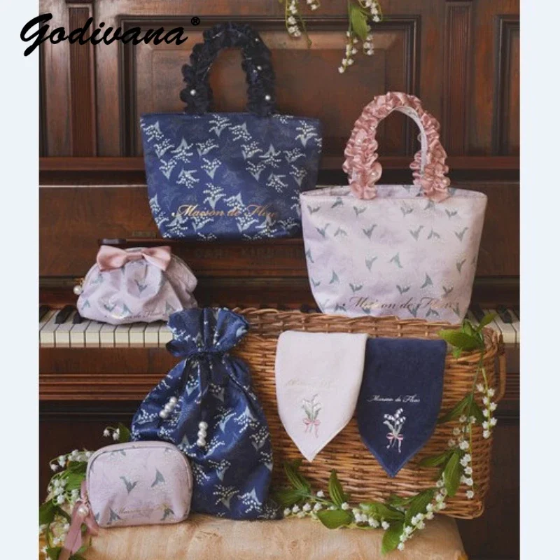 Japanese Style Flower Printed Handbag Pleated Handle Portable Shoulder Bags Women Girls Sweet Shell Cosmetic Bag Small Clutch