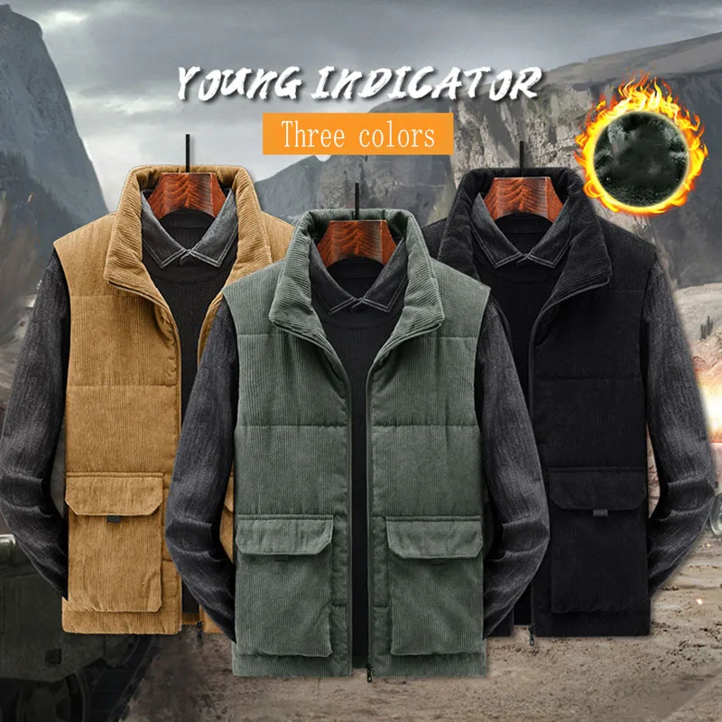 

2025 New Men's Winter Corduroy Vest Solid Color Sleeveless Plus Velvet Thicken Warm Waistcoat Stand-Up Collar Work Wear Coat