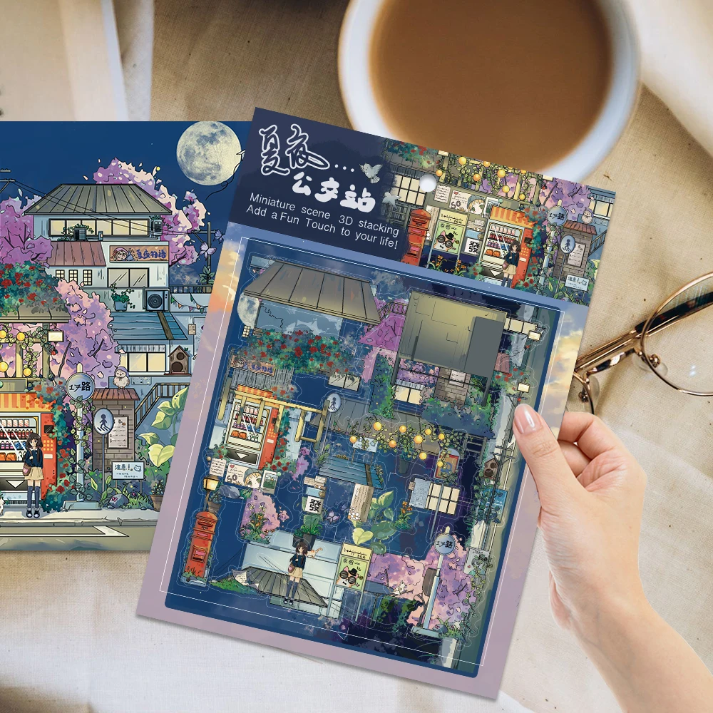 1 set miniatuur scène DIY-stickers zomernacht busstopkit bureau boekenkast decor casual speelspeelgoed voor kunstliefhebbers vakantiecadeau