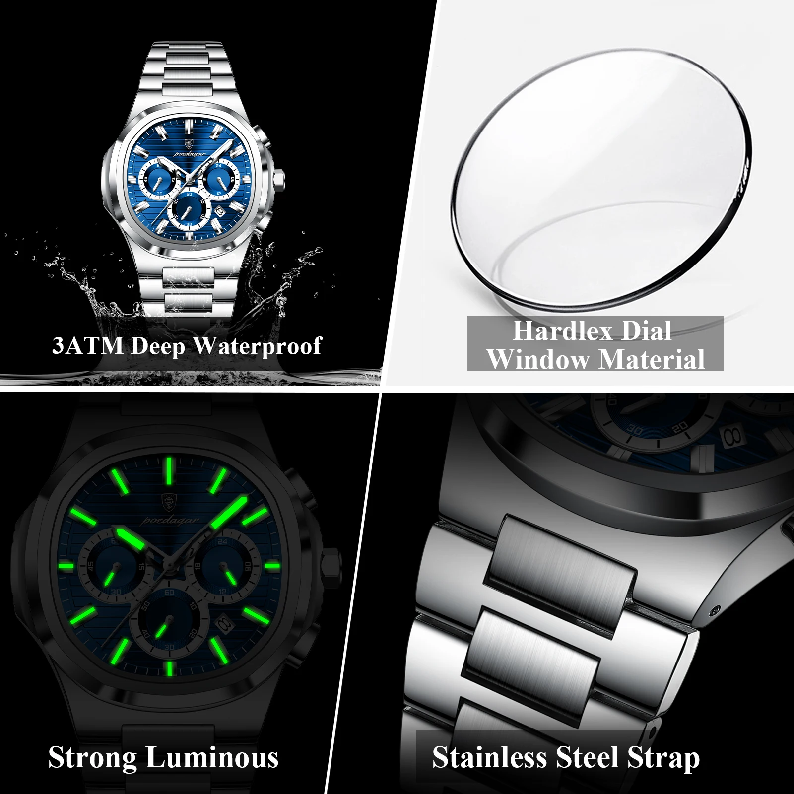 POEDAGAR Business Man Wristwatch Date Chronograph Waterproof Luminous Luxury Men Watch Stainless Steel Quartz Men's Watches Male 3