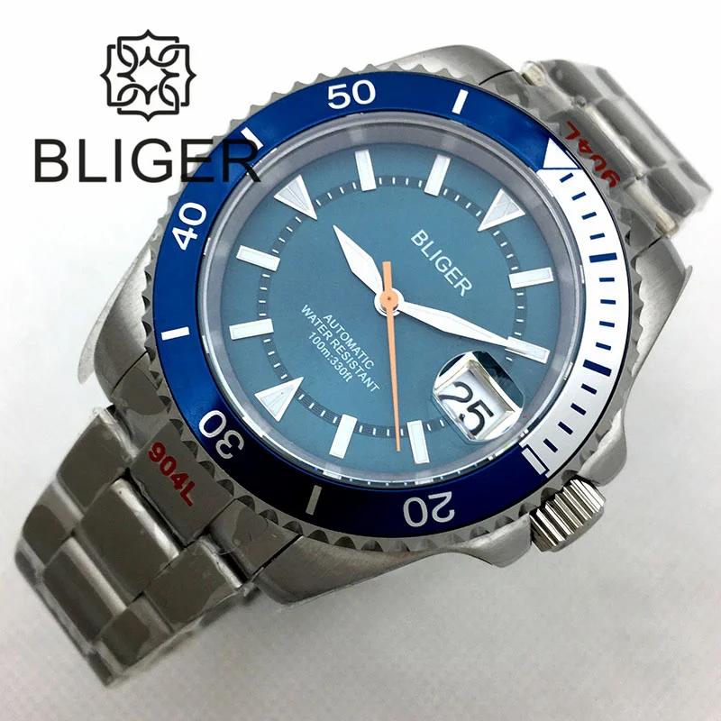 

BLIGER 2023 New 40mm NH35 Mechanical Automatic Watch For Men Luminous Blue Dial Sapphire Crystal Stainless Steel Bracelet Date