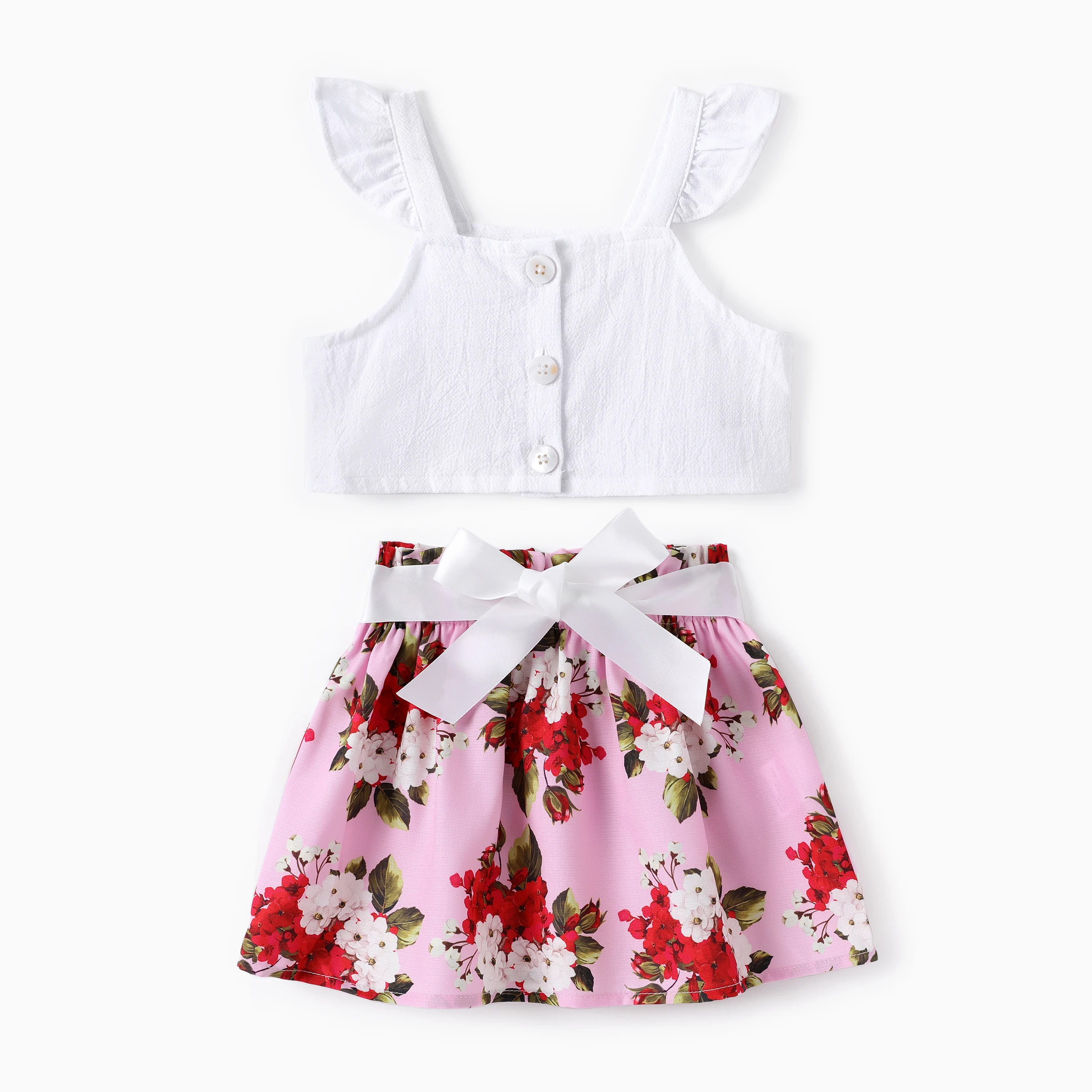 PatPat Baby Girl 2pcs Sweet Flutter-sleeve Crop Top and Floral Print Skirt Set