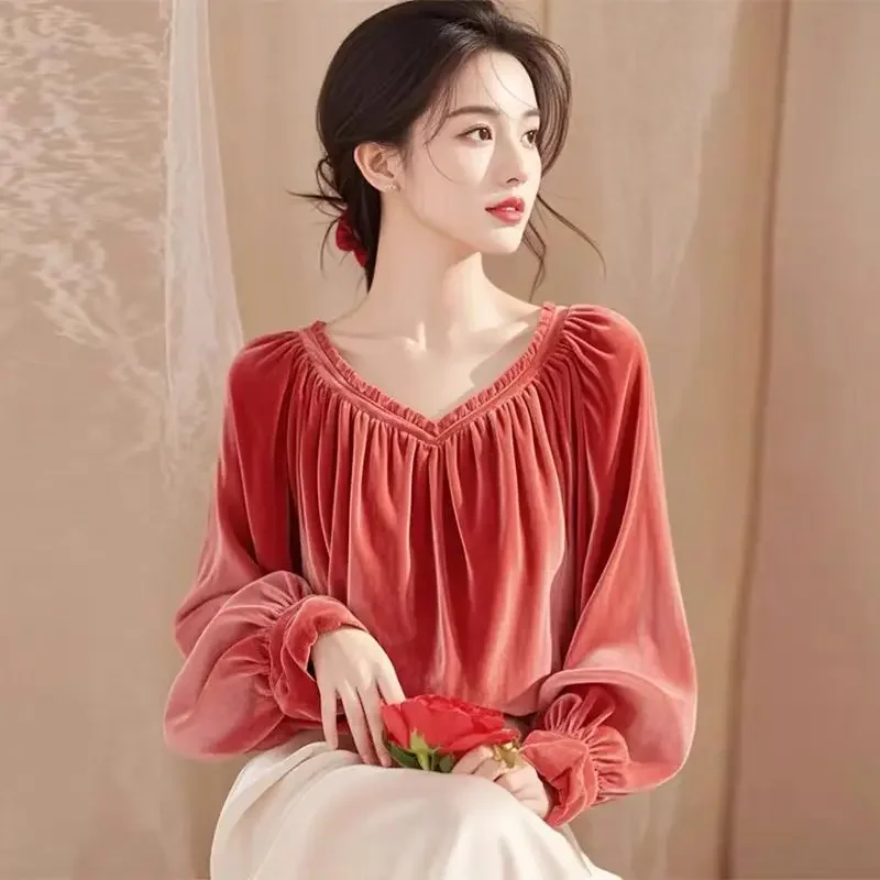 Corduroy Vintage Women\'s Blouses Spring/Autumn New Solid Casual Shirts Slim Long Sleeves Top V-neck Korean Clothing Sales