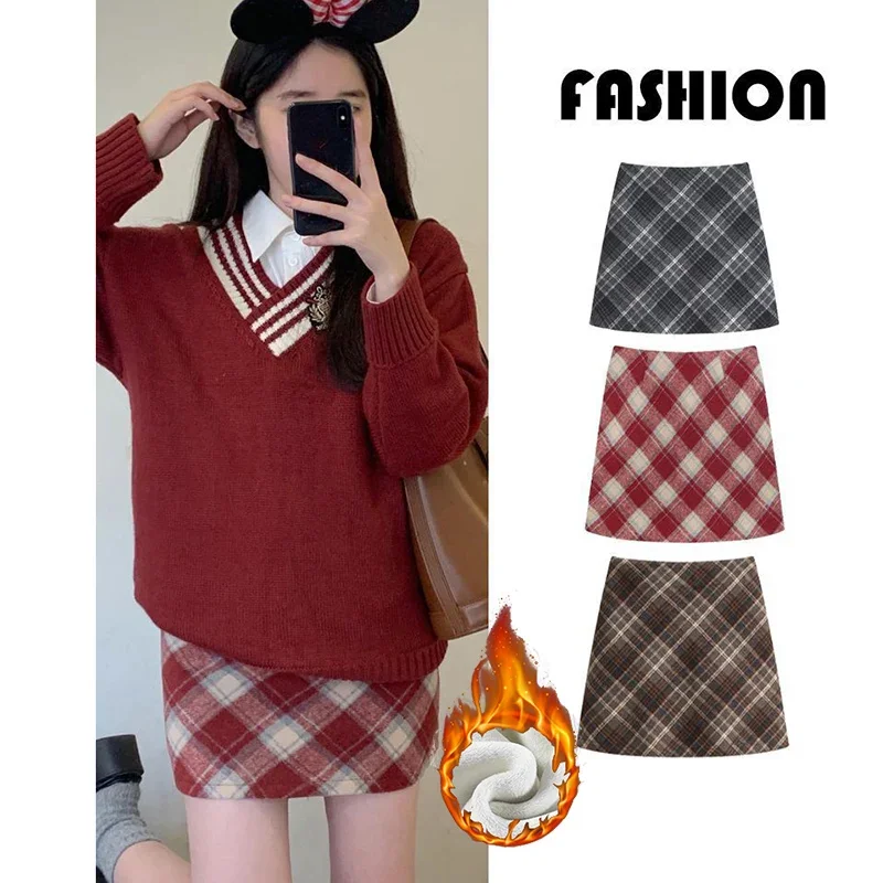Winter Female Velvet Hip Wrap Skirts Girls High Waist Solid Plush A-line Dress Lady Snow Warm Plaid Designer Thin Skirts