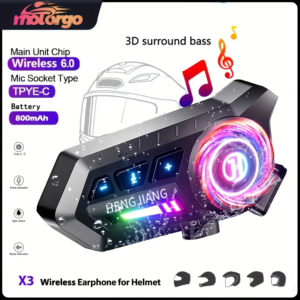 X3 Motorcycle Helmet Headset with Stereo Bluetooth 6.0 Earphones Wireless Handsfree Mic Music Player for Motorbike Rider