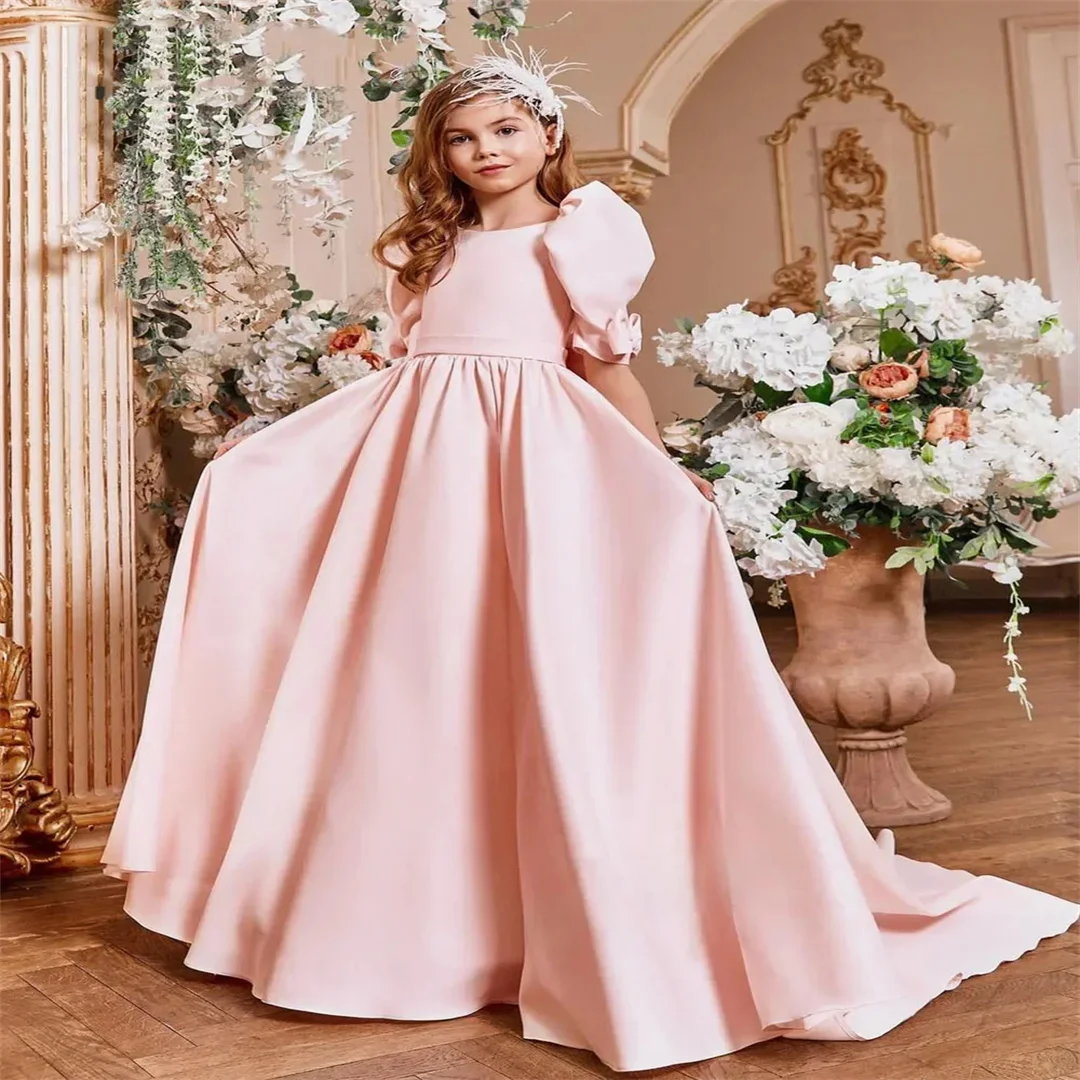 Flower Girl Dress Satin Pink A-Line Half Sleeves Floor Length Child Birthday Party Dress First Communion Ball Gown