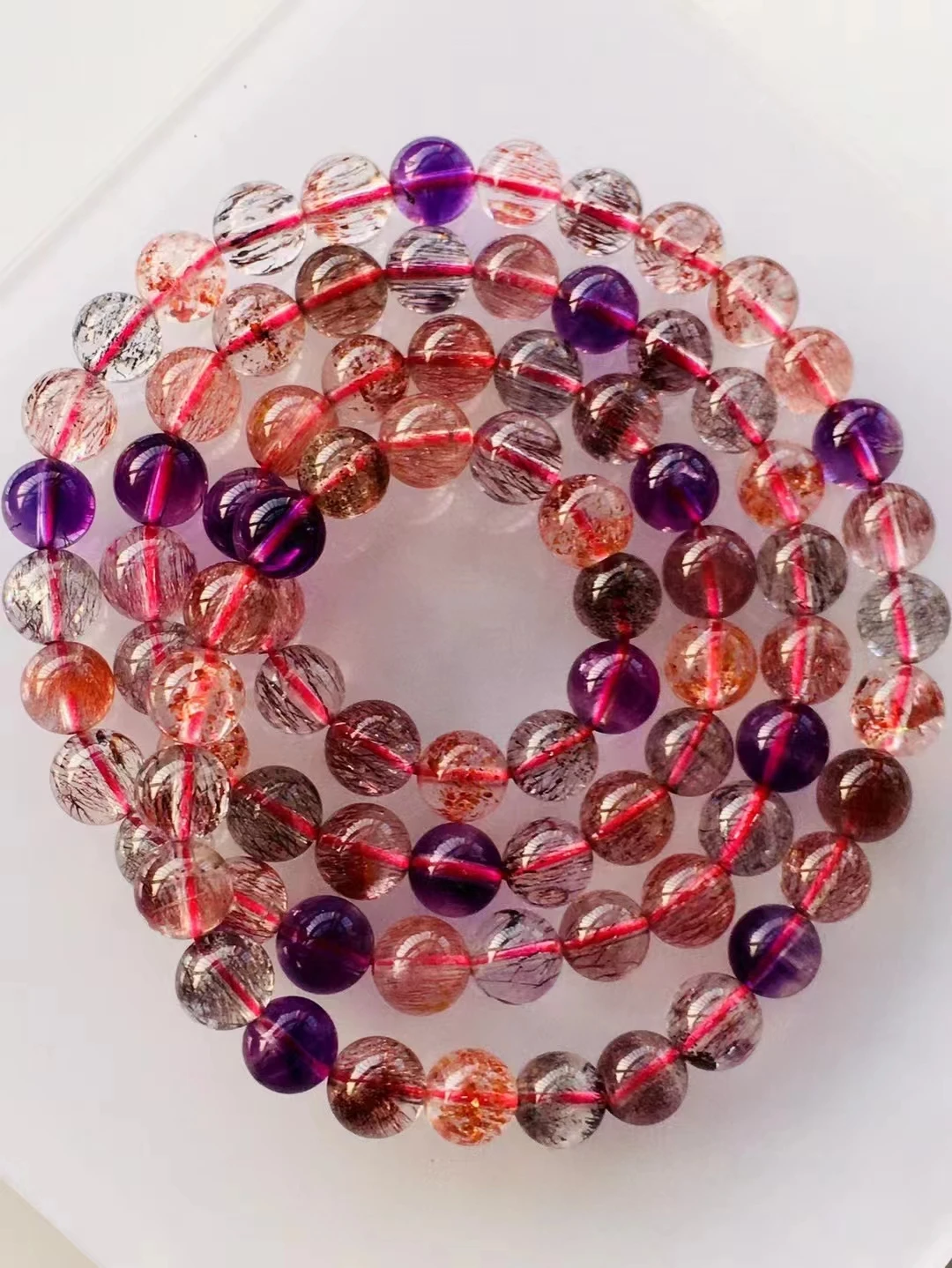 6.4mm Natural Purple Super 7 Seven Red Lepidocrocite Quartz 3 Laps Bracelet Woman Men Rutilated Quartz Clear Beads AAAAAAA