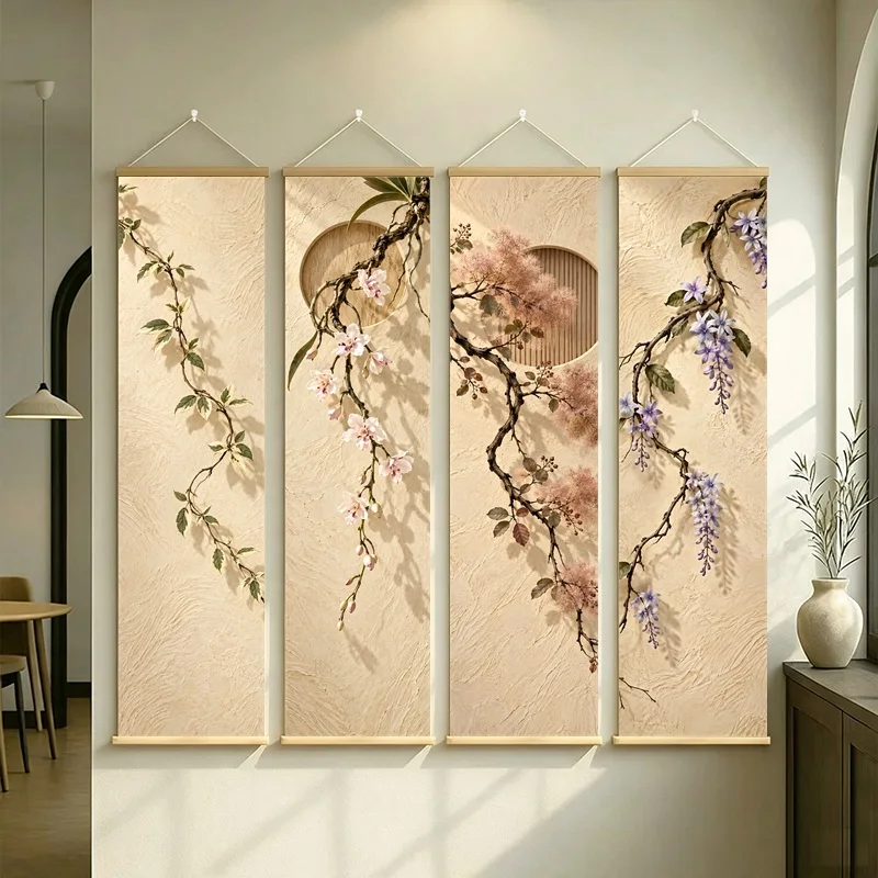 Wall Art Foxtail Orchid and Smoke Bush, Serene Wabi-Sabi Botanical Silver Shimmer Canvas Hanging Scroll for Tea Room Decor