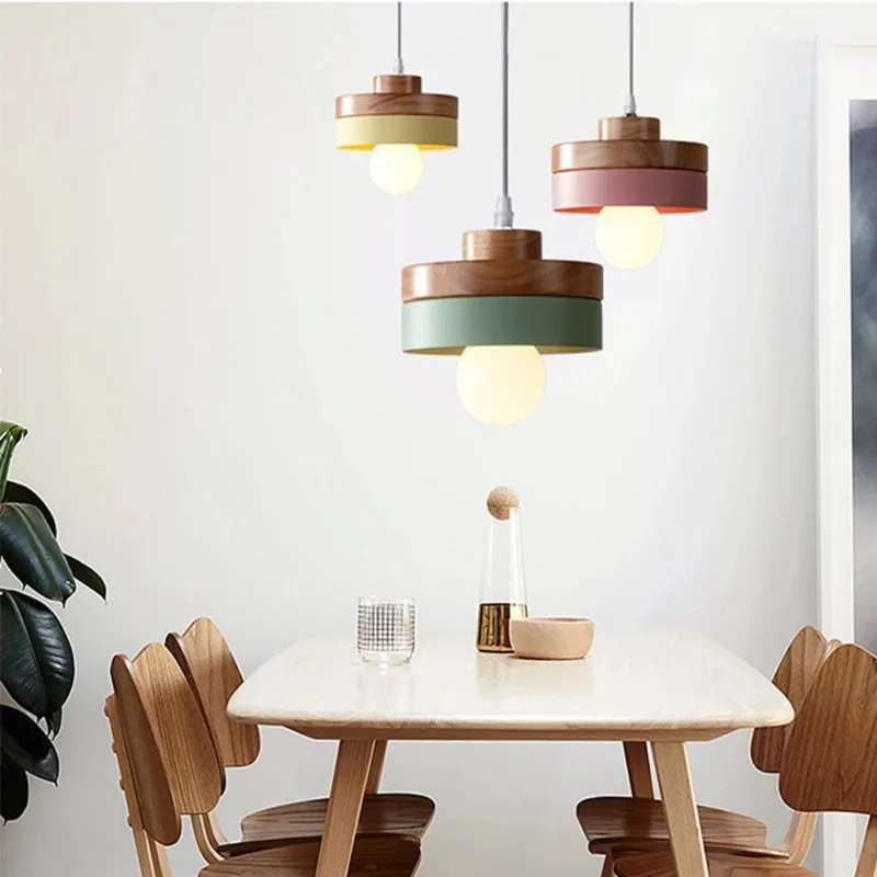 Nordic Solid Wood Pendant Light with Multicolor Aluminum Shade for Kitchen Island Dining Table Living Room Bar Cafe Decor 2026
