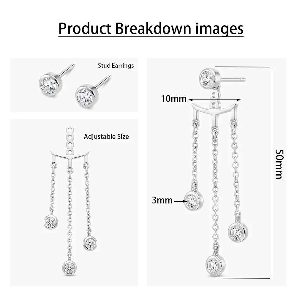 Serenity 3mm All Moissanite Tassel Earrings Women Gift S925 Sterling Silver Sparkling One Style Two Wear Stud Earrings Jewelry