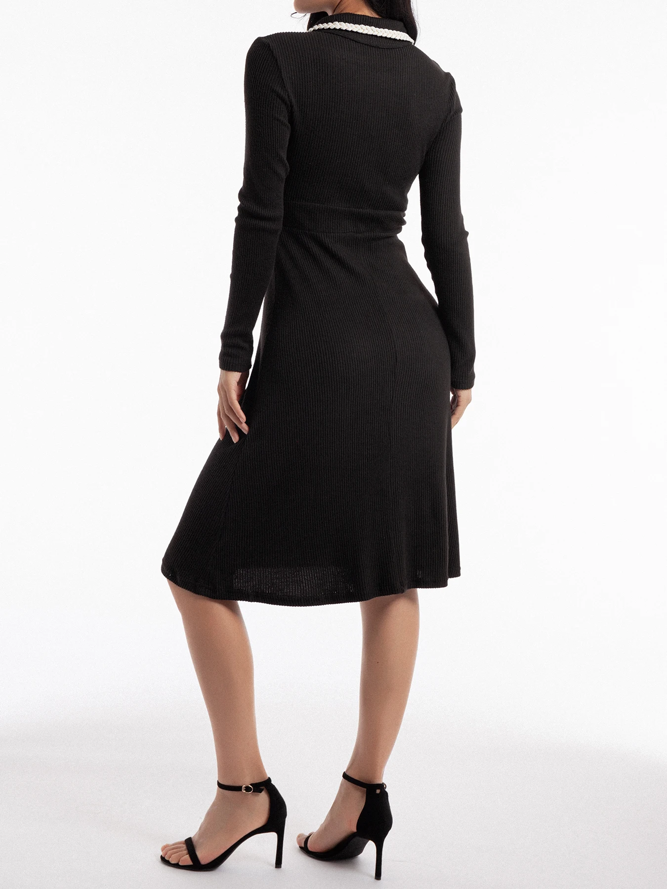 Women's Elegant Long-Sleeve Dress Button Decorated Slim Fit Black Skirt Commute Color Block New Style Fashionable Women's Dress