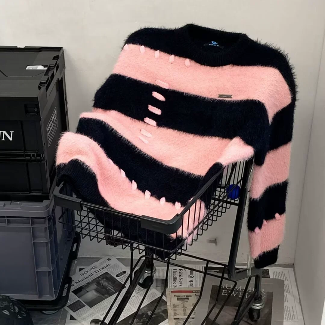 Striped Knitted Sweater Men Women Vintage Loose Sweaters Harajuku Green Warm Autumn Jumper Pullovers Unisex Casual Sweater Male
