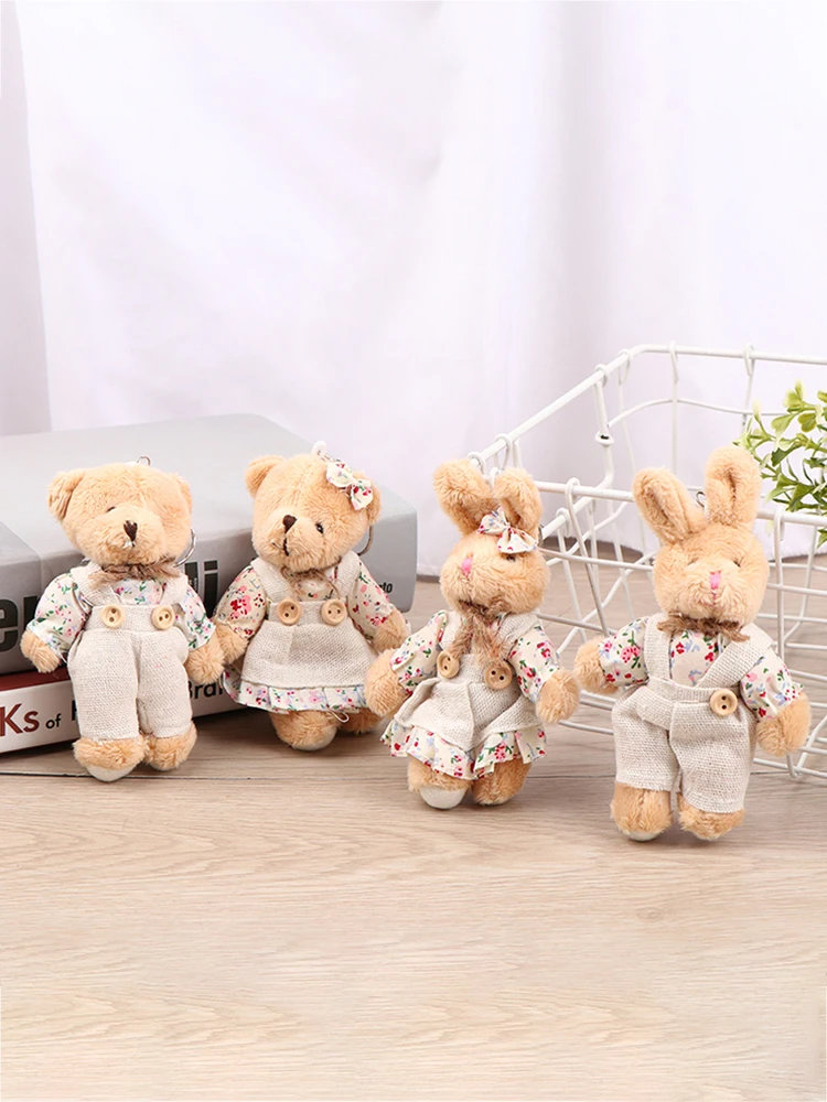 Bear Rabbits Stuffed Rabbit Bunny Cute Girls Country Style Linen Bear Rabbit Keychain Women Couple Bag Pendant Toy