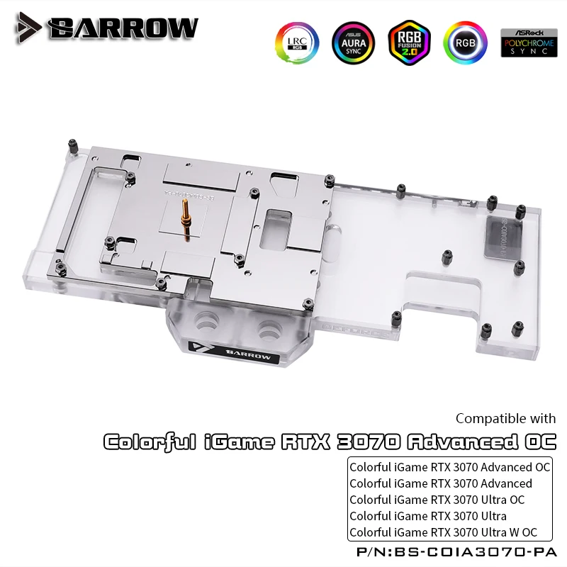 

Водяной блок BARROW с полным покрытием для красочных iGame RTX 3070 Advanced / Ultra W OC GPU, медный кулер, радиатор BS-COIA3070-PA