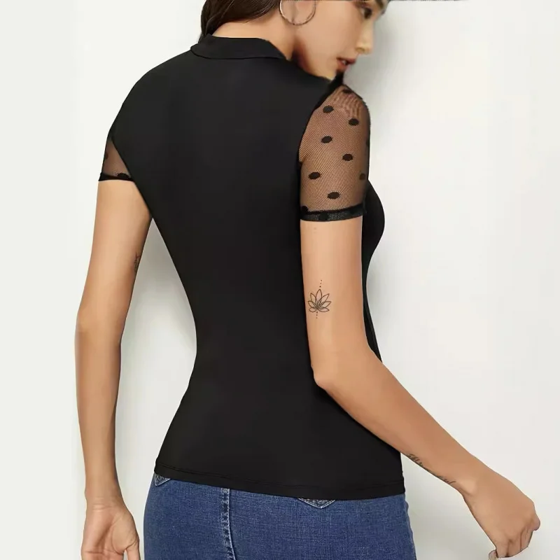 2025Sexy mesh splicing short sleeve with small stand collarTWomen's Slimming Shirt Source