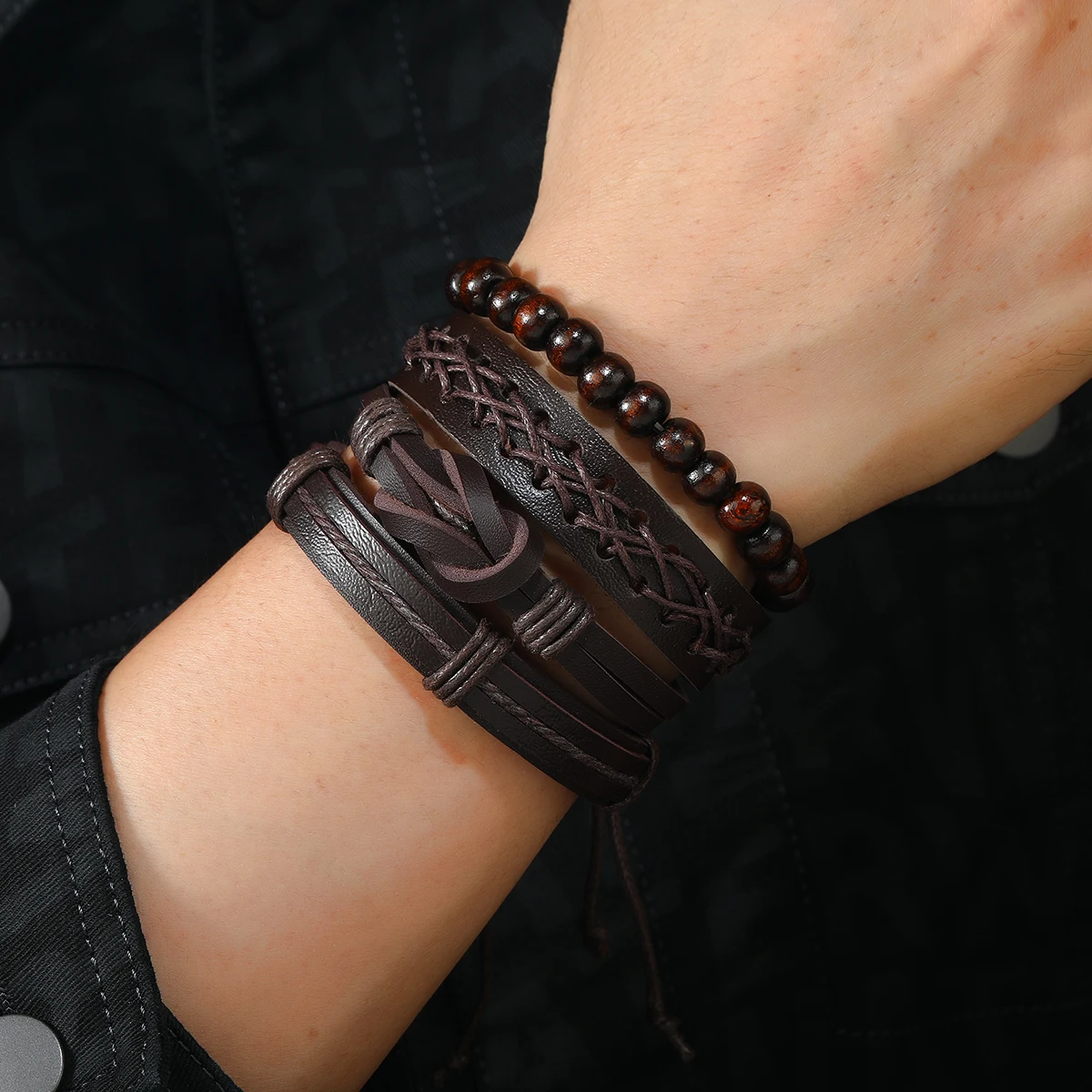 Vintage Leather Bracelet Men Multiple Woven Bracelets with Brown Wood Beads As Decorative Accessories Drawstring Bracelet