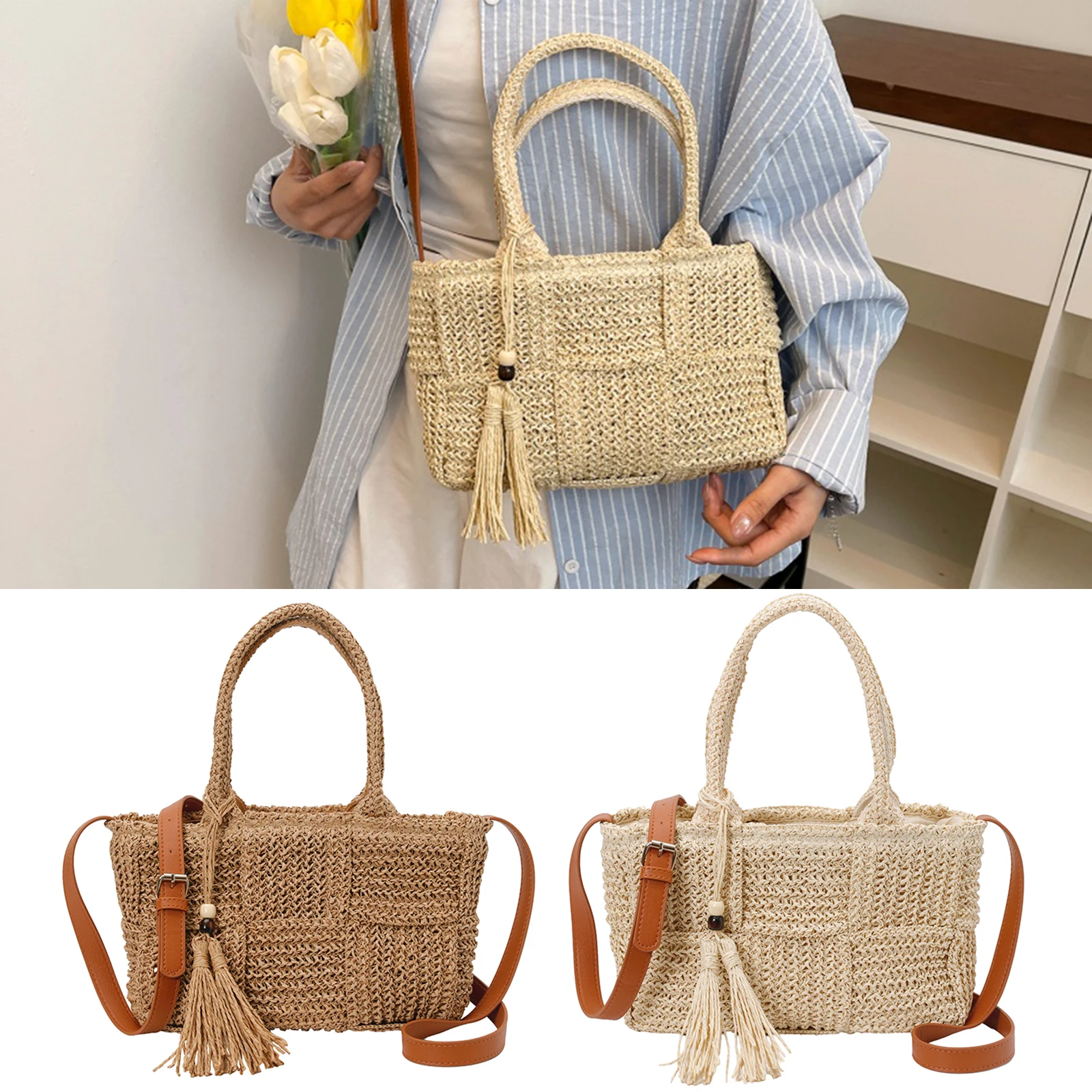 

Summer Wicker Crossbody Purse Large Capacity Handwoven Beach Purse Adjustable Shoulder Strap for Women Travel & Pool Day