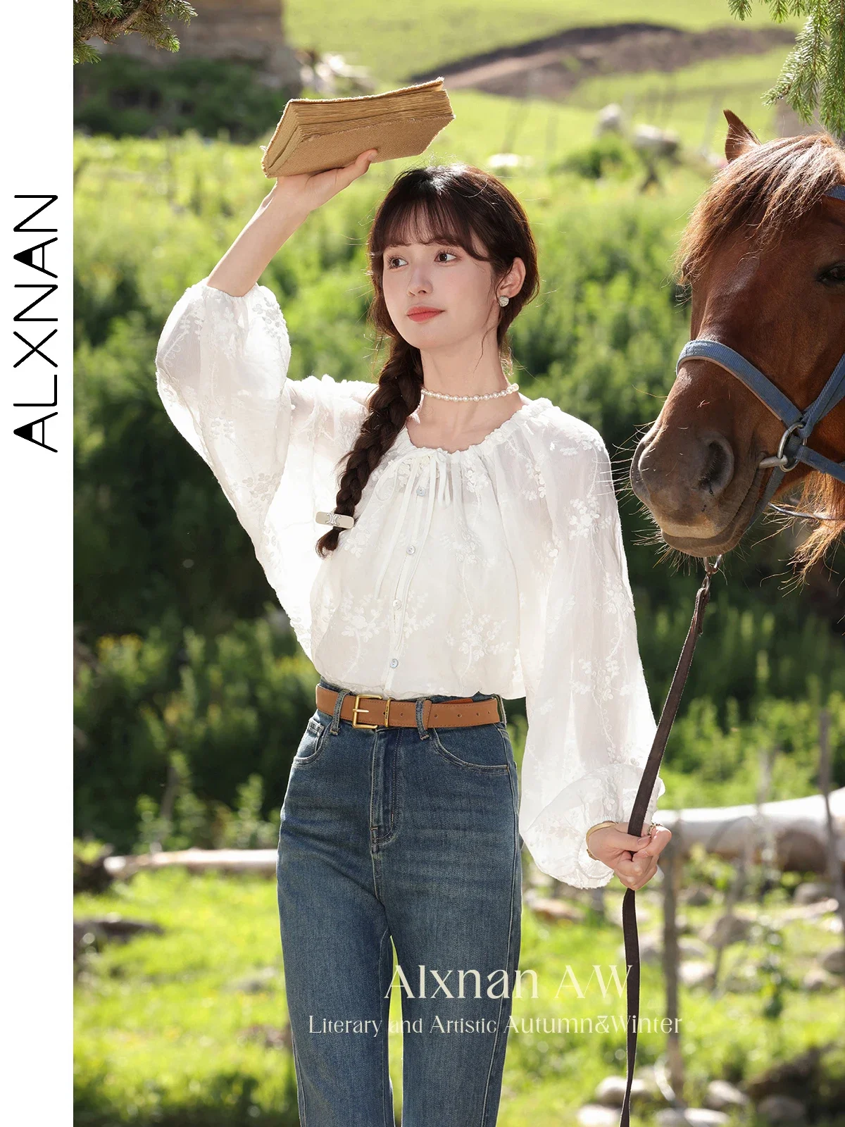 

ALXNAN French Style Women's Shirt 2024 Early Fall Female Lantern Sleeve Round Neck Single Breasted Thin Loose Casual Tops L39215