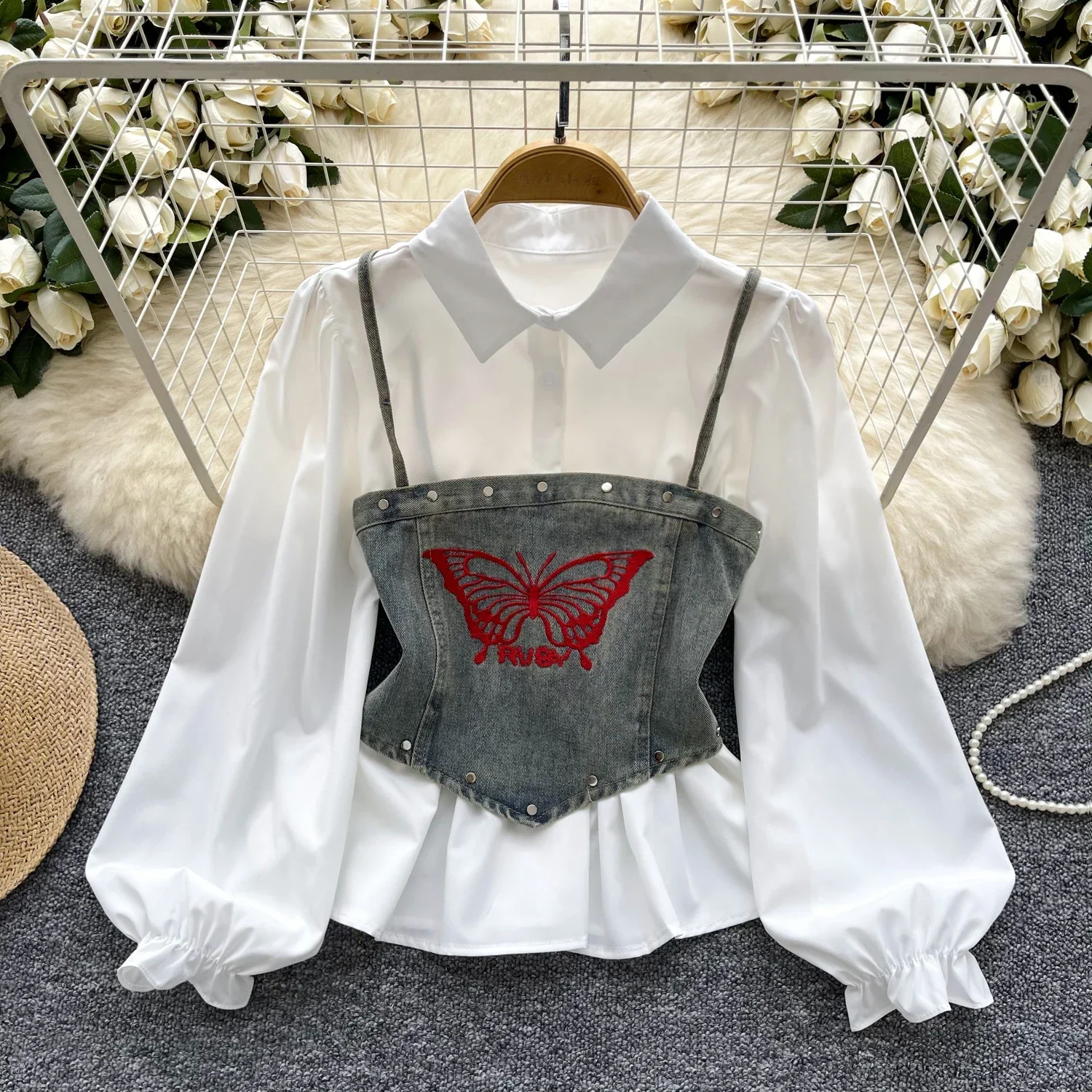 Chic Two-piece Sets Sweet Puff Sleeve Basics Shirt Slim Butterfly Embroidered Vest High Street Women Spring Autumn Clothing