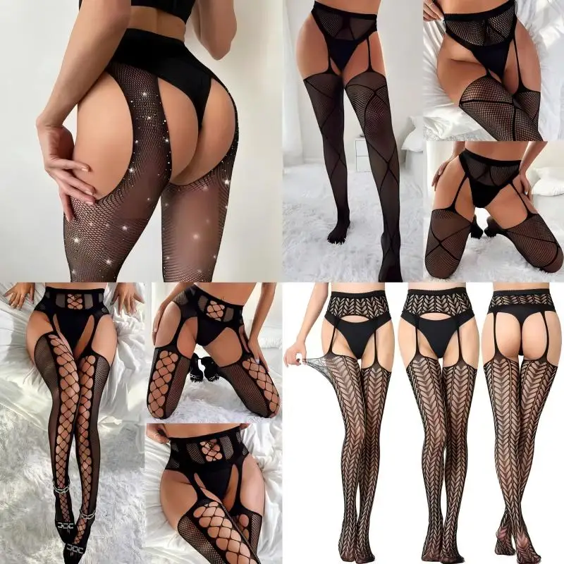 

New Sexy Thight High Stockings Garter Belt For Pantyhose Women Fishnet Stockings See Through Transparent Crotch Pantyhose Tights