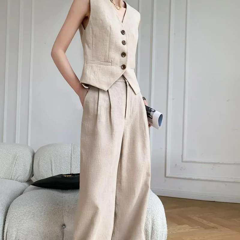 Women Sleeveless Vest Tops Suit Wide Leg Pants Temperament Spring and Autumn Socialite Fashion Matching Casual Two-piece Sets