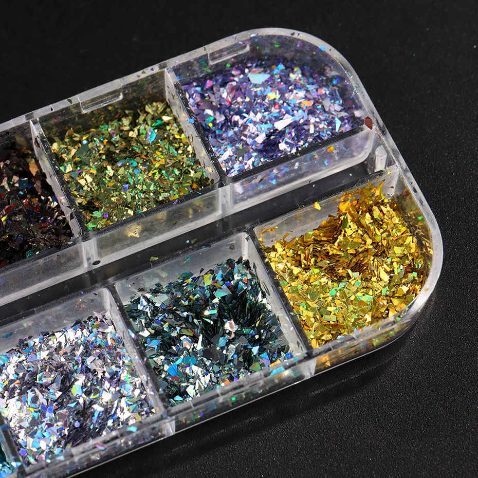 12Grids Holografische Iriserende Nagel Glitter Pailletten Sparkly Laser Onregelmatige Glazen Vlokken Nail Art Diamond Dust Y2K Zeemeermin Decor