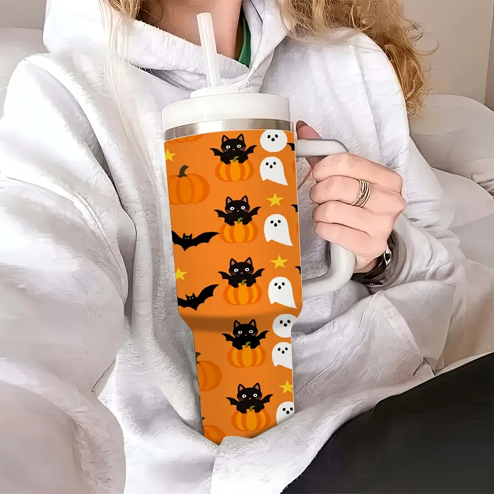 Stainless Steel Insulated Tumbler, Halloween And Christmas 40Oz with Handle And Straw Lid, Reusable Leakproof Water Cup, Spooky Black Cat Ghost Pumpkin Star Bat Pattern, for Car Driving Office Outdoor Holiday Party Daily Use