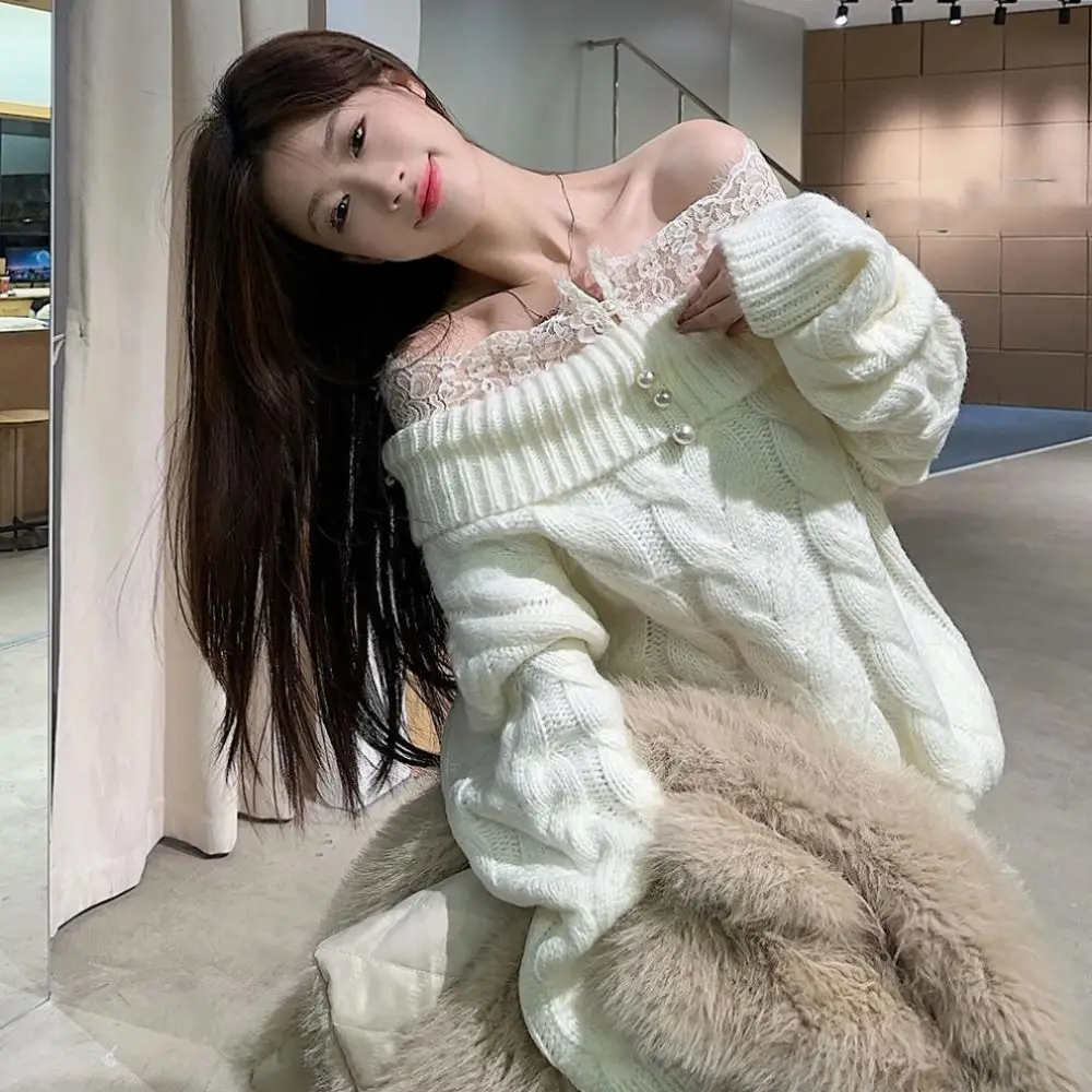 

Lace Long Sleeved Knitwear Bottoming Shirt Pullover Off Shoulder Sweater Top Loose Spring Autumn Winter Knitted Top for Women