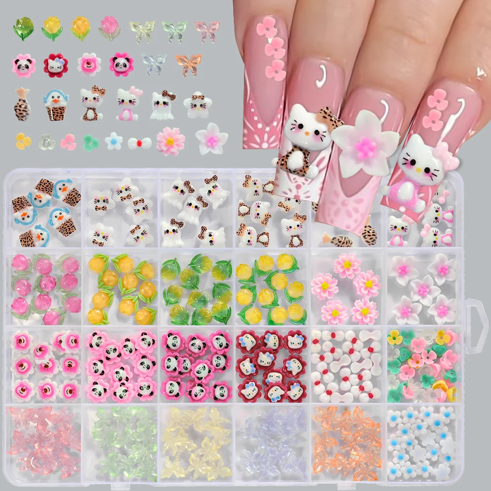 

24 сетки, весенние подвески для ногтей «Hello Kitty», милый микс, мультяшное лицо/тюльпан, бант, украшение для дизайна ногтей, аксессуары для маникюра из смолы