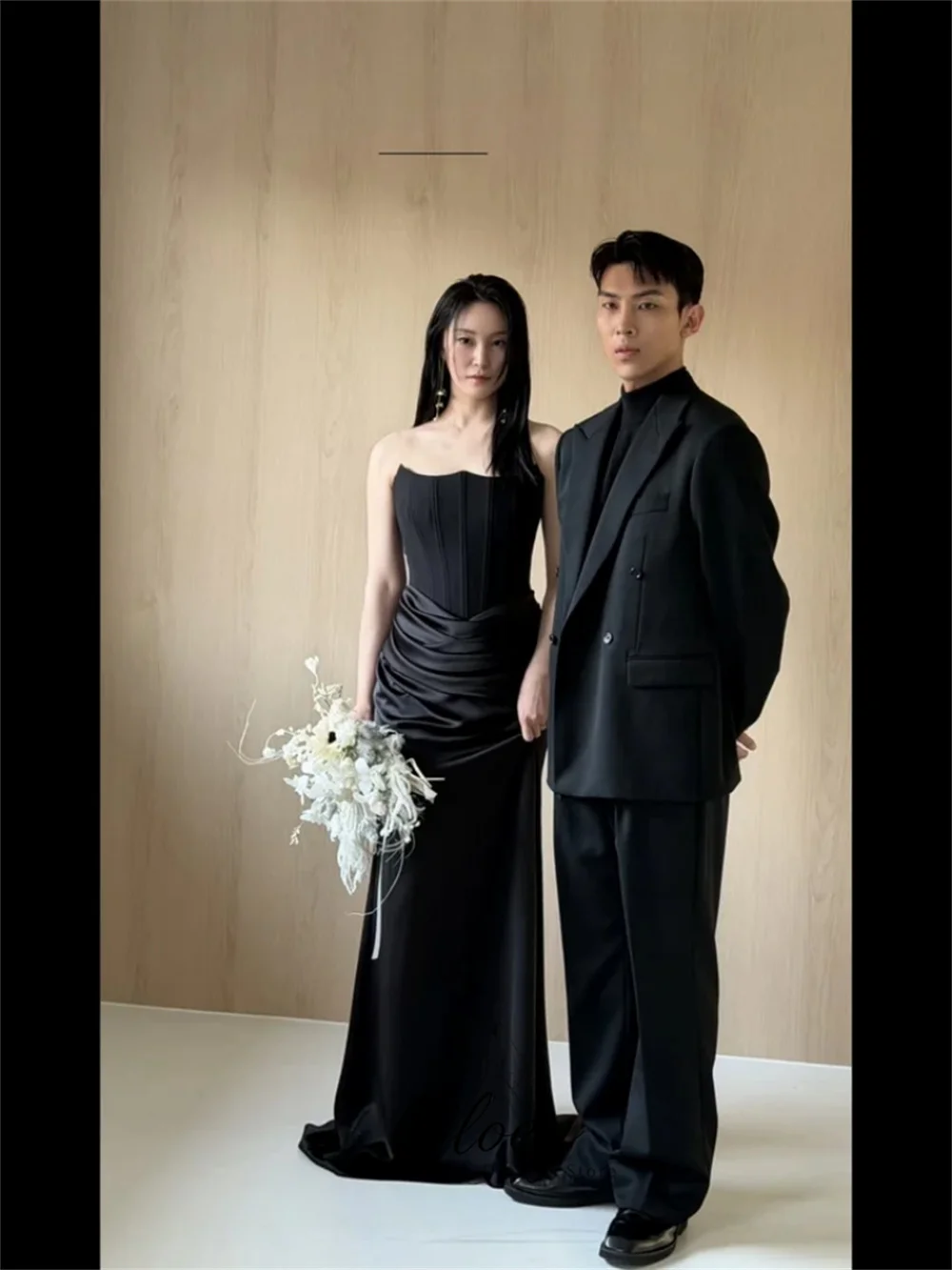 OLOEY Modern Black Strapless Satin Korea Wedding Photo Shoot Dress Waist Pleat Mermaid 2026 Customized Party Dress Prom Gown