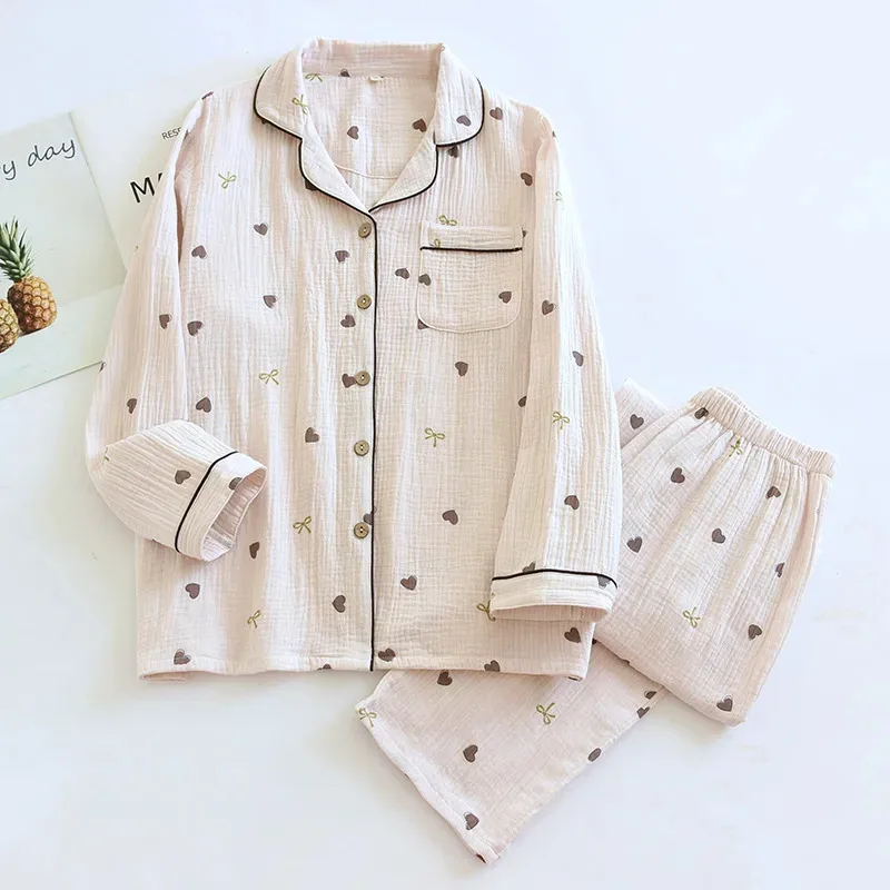 

Новинка весны/лета 2023 года, женский пижамный комплект из 100% хлопка, креп, милая любовь, длинные брюки с длинными рукавами, комплект из двух предметов, кардиган, домашняя одежда