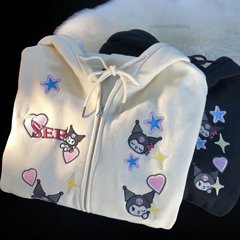 Sanrio Kuromi Zip Up Hoodie Y2k Aesthetic Kawaii New Cotton Coat Women Winter Plush Thickened Sweater Oversize Loose Top Female