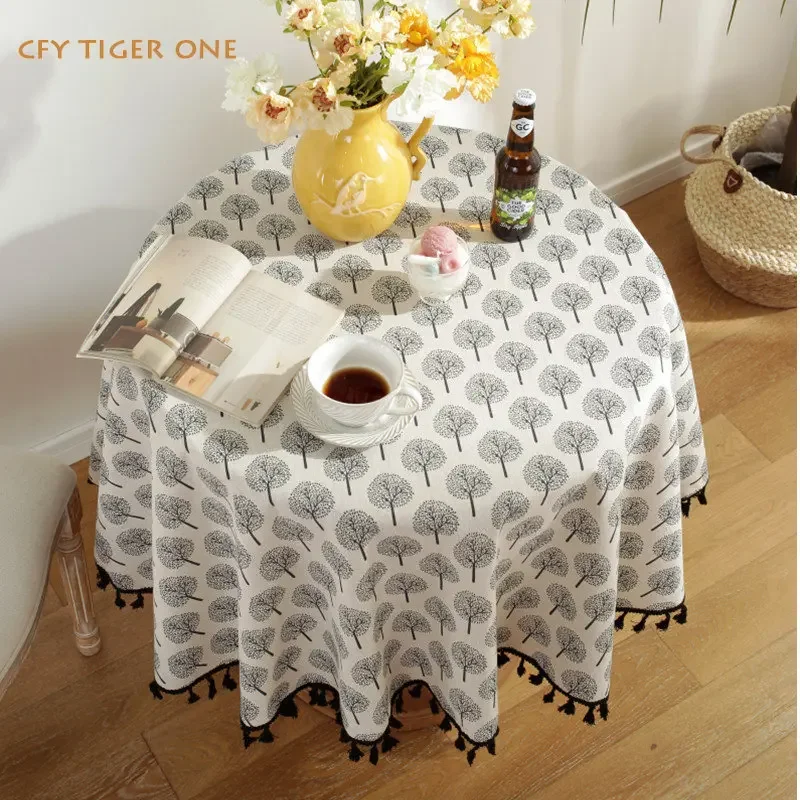 

American Village Black White Wishing Tree Round Tablecloth for Table Tea Round Table Map Table Cover Dining RoomTable Cloth